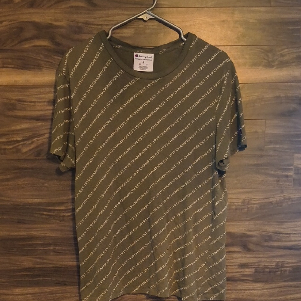 Champion All Over Print Diagonal Logo T-Shirt - Olive Green - Men's Medium